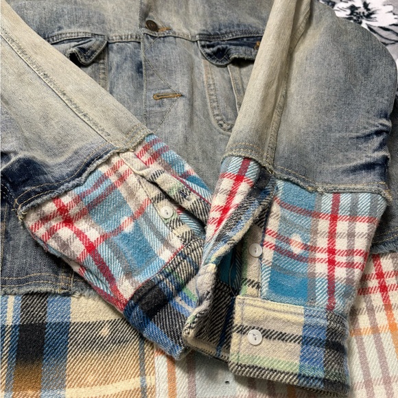 Free People Blue Denim Jacket with Plaid Details Trucker Shirt Jacket Preppy VTG - Picture 12 of 12